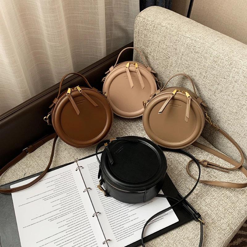 Solid Color Crossbody Bag For Women Round Small Handbag Women Fashion Designer Bags Leather Shoulder Bag Female Zipper Purses