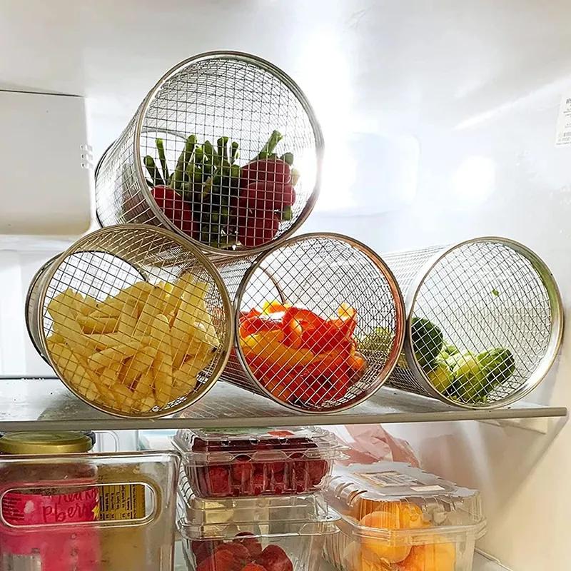 Stainless Steel Barbecue Cooking Grate Mesh Rotation Cylinder Cage Camping Picnic Cookware Outdoor Round BBQ Net Tube Campfire Grill Rolling Basket