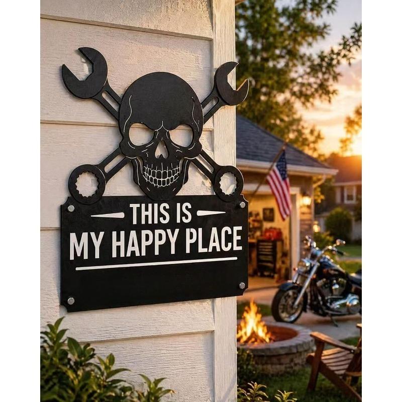 Funny Garage Metal Sign “This Is My Happy Place Don’t Mess It Up” Skull  Crossed Wrenches Wall Decor, Black Metal Sign for Garage, Man Cave, Workshop,