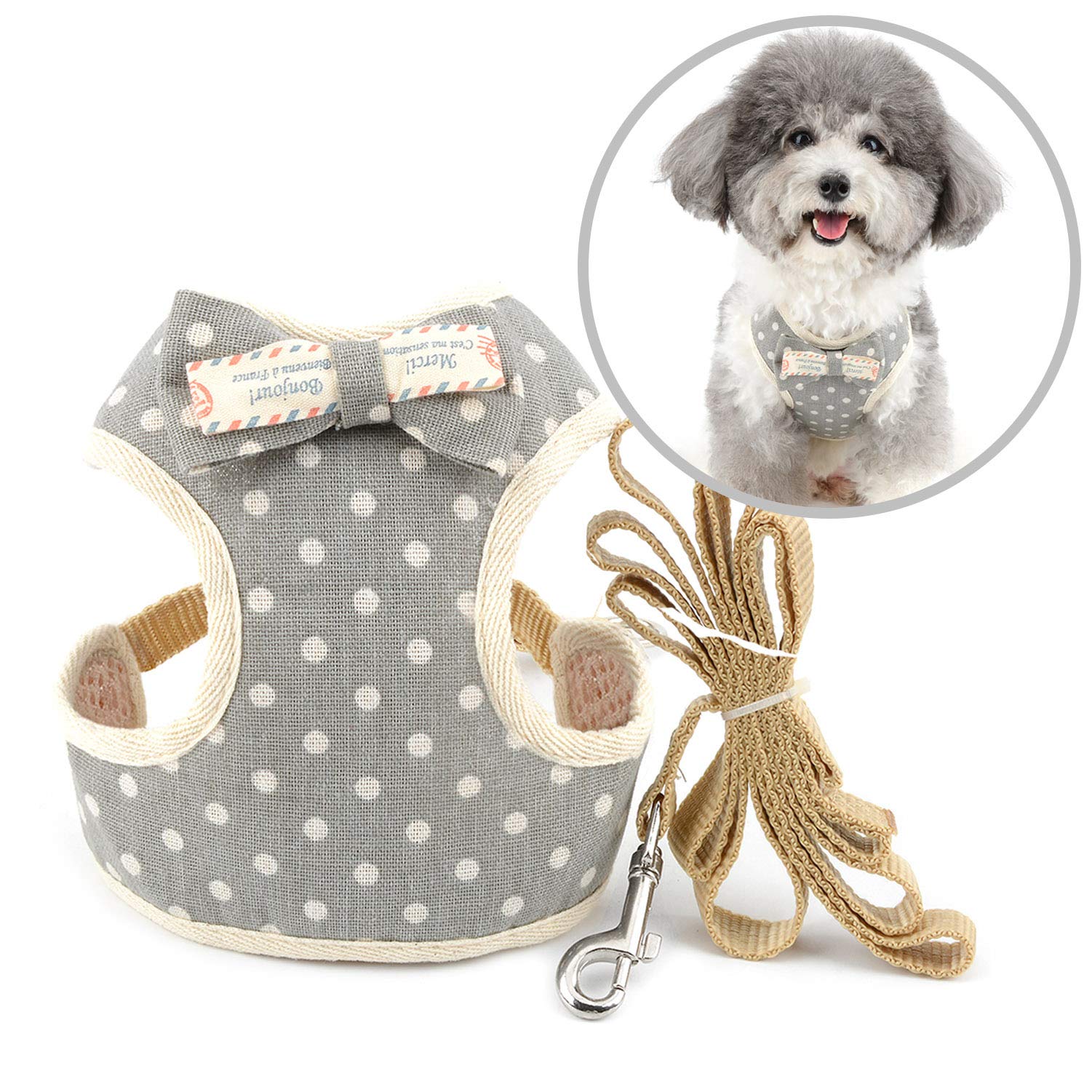 

ZUNEA Dog Harness for Small Cute Polka Dot Harness and Leash Summer Dog Stylish Breathable Mesh Vest Easy to Put on and Take Perfect for Walks Dogs, сірий колір