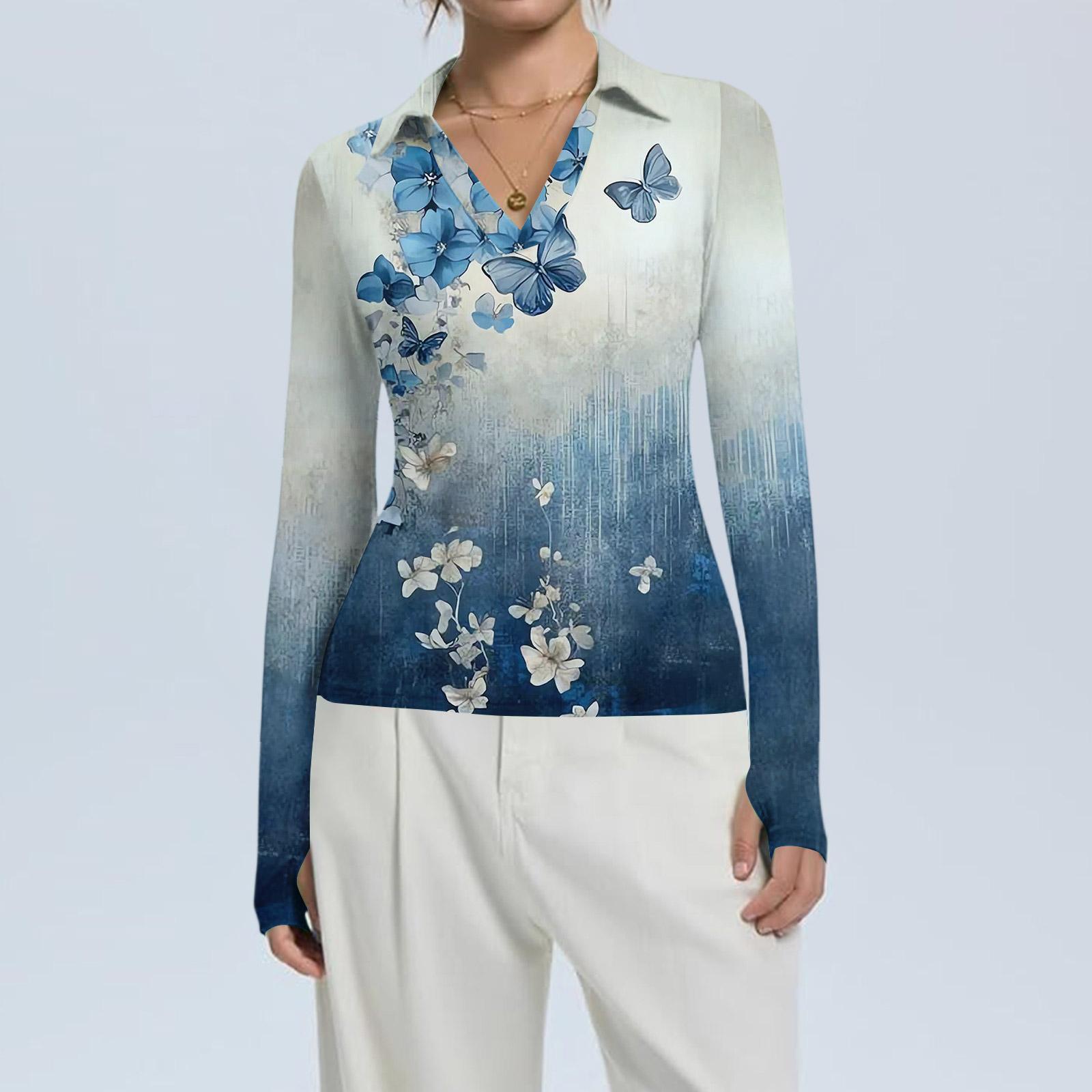 

Женская Мода Повседневный Принт V-образный Вырез Длинный Рукав Застежка на Пуговицы Топ M