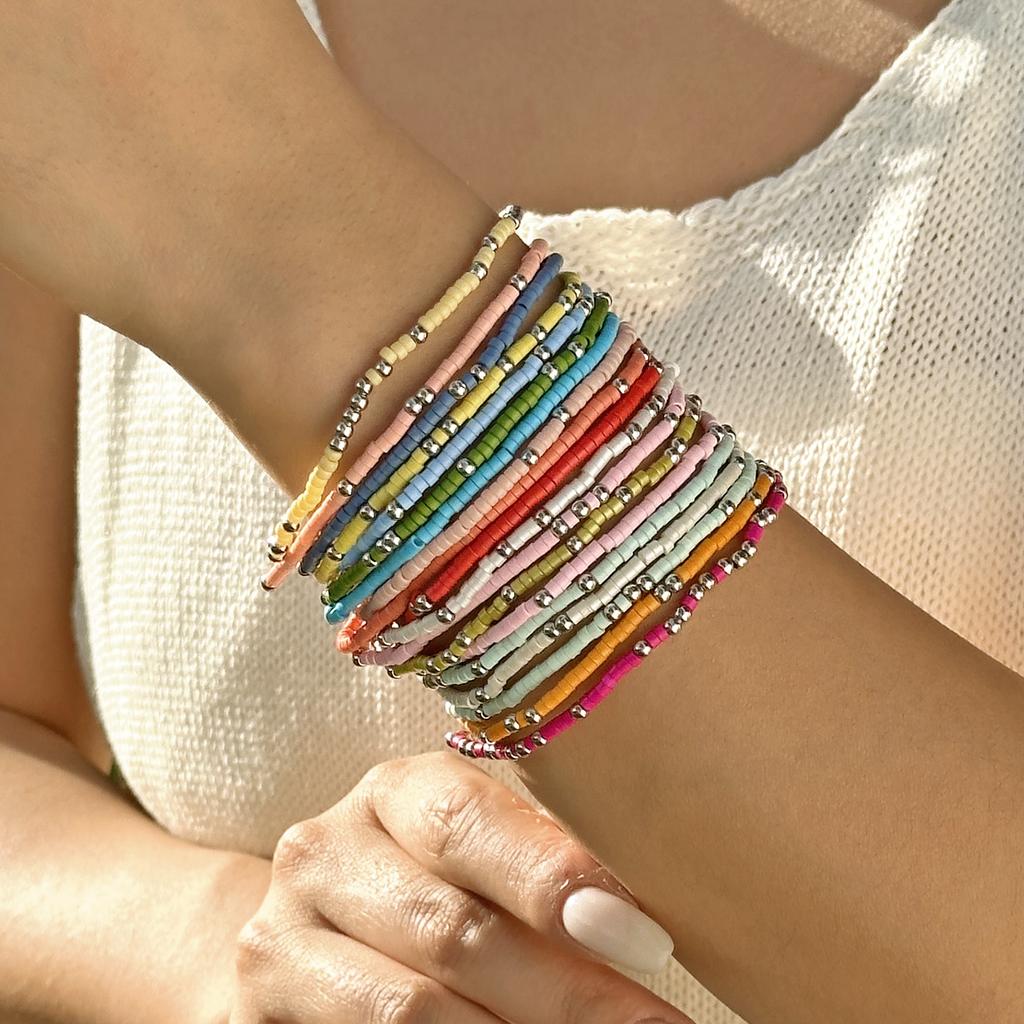 Bohemian Beaded Bracelets Set For Women Colorful Beads Stretchy Strand Chain Stacked Bracelets Summer Beach Jewelry
