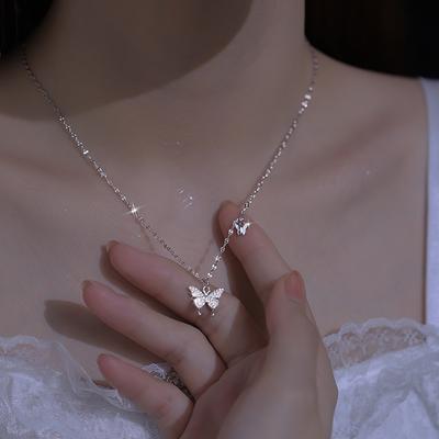 925 Sterling Silver Butterfly Necklace Female Light Luxury Minority Design High Sense Clavicle Chain Pendant Necklace