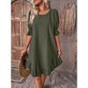 Spring Summer Women's Vintage Cotton/linen Mid-sleeve Round Neck Solid Color Loose Swing Dress