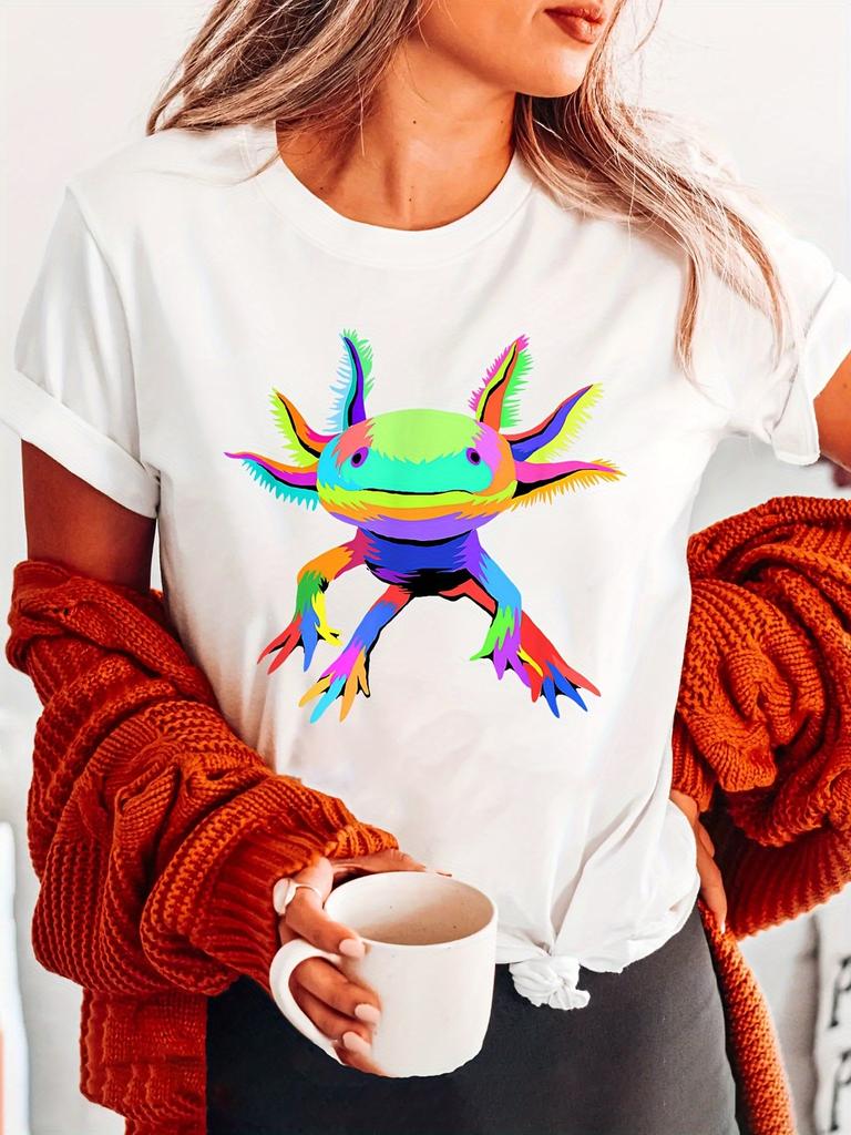 Camiseta de Cuello Redondo con Estampado de Axolote Manga Corta Top Casual para Verano Ropa Casual de Manga Harajuku Tops de Calle Ropa Estética