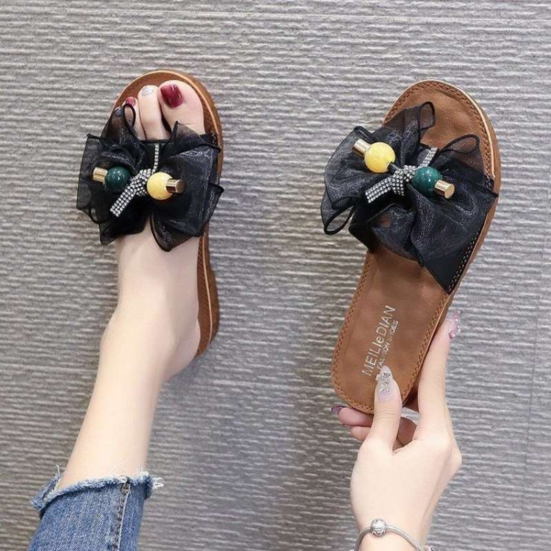 2025 New Korean Version of Versatile Soft-soled Slippers Women's Summer Bow Flat-bottomed Fashion Pregnant Women Wear Cool Slippers