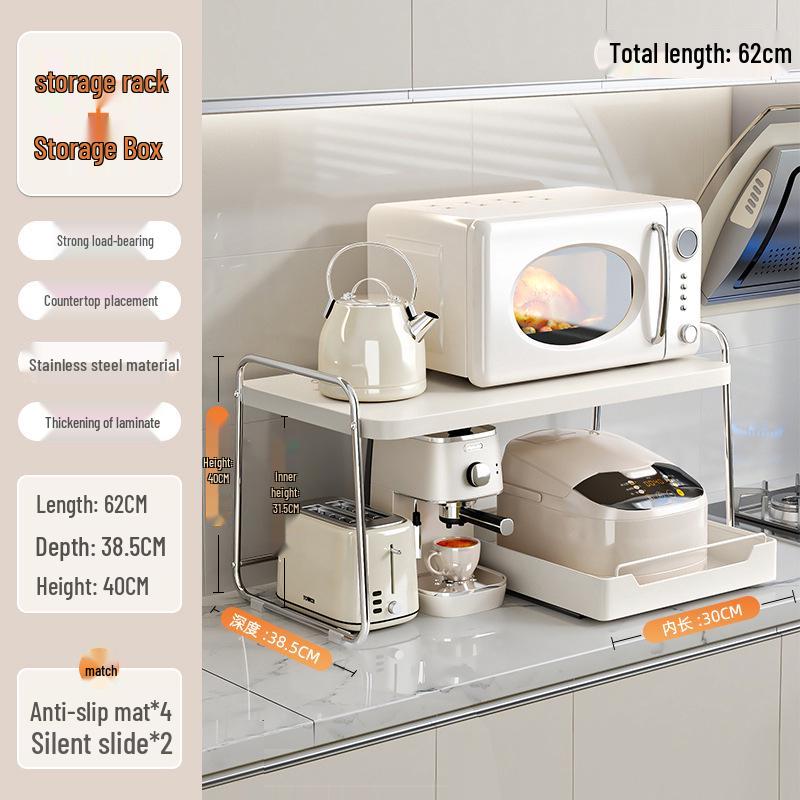 Double Layer Microwave Oven Storage Rack - Multi-functional Kitchen Countertop Shelf with Pull-out for Rice Cooker