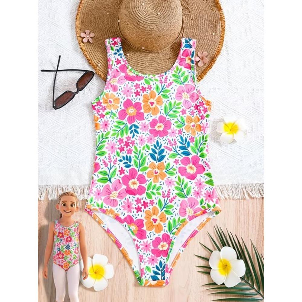 Girls One Piece Swimsuit Cute Cartoon Colorful Flower Print Sleeveless Swimwear Kids Summer Beach Bathing Suit