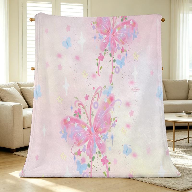 Butterfly Floral Print Flannel Blanket Non-bulky, Soft Skin-friendly, Warm Cozy Throw for Home, Christmas & Halloween