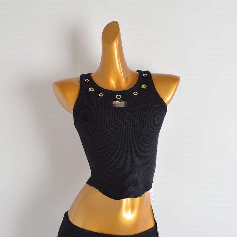 Sexy Sexy round Neck Metal Buckle Hollow Camisole Women's Clothing Spring Summer Slim-Fit Short Asymmetrical Knitwear Fashion