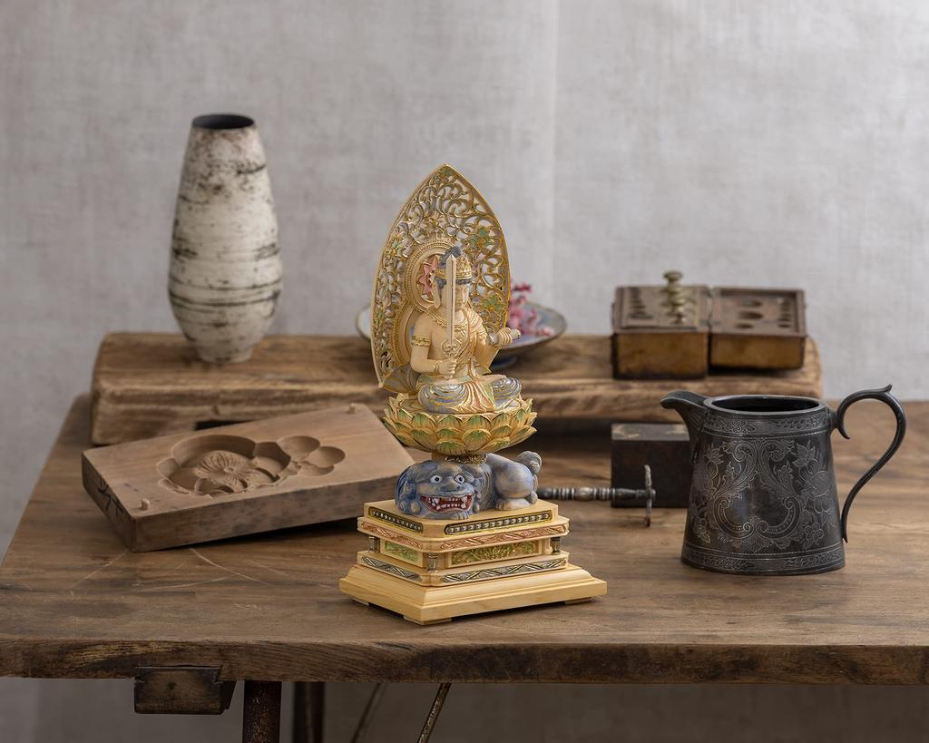 Sitzender Manjusri Bodhisattva Holz Zypressenholz mit leichtem Gold Schutzgottheit der Chinesen für diejenigen, die im Jahr des Hasen geboren sind Bosatsu Statue,