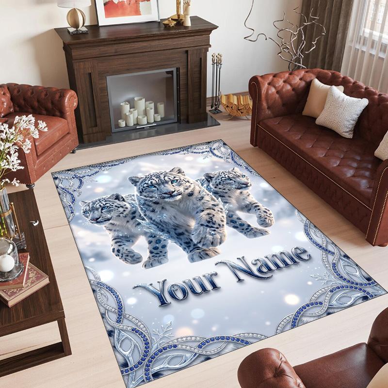 Leopard Theme Crystal Velvet Floor Rug Personalized Custom Name Text Warm Carpet Home Decoration