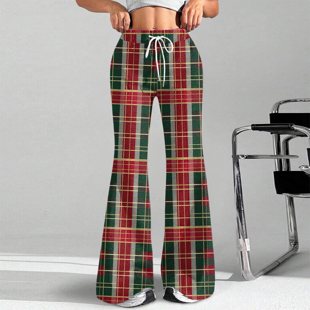 Women's Fashion Loose Drawstring Waist Christmas Plaid Printed Casual Sports Pants Casual Flared Pants