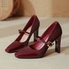 High-heeled Mary Jane shoes with red high heels thick heel sexy new splicing square head single shoes