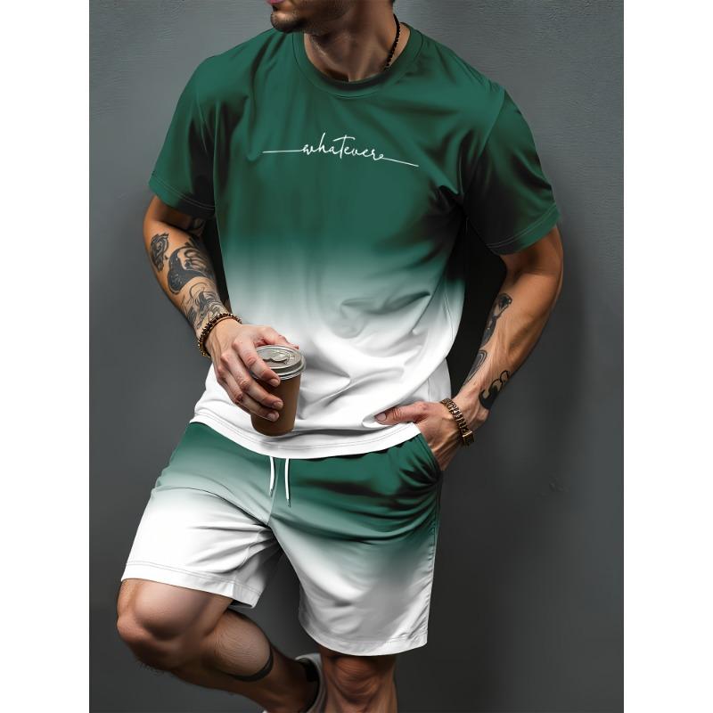 Heren Zomer Casual T-shirt en Korte Broek Set Verloop Letterpatroon Sportieve Tweedelige Set Stedelijke Mode Casual Trend Set