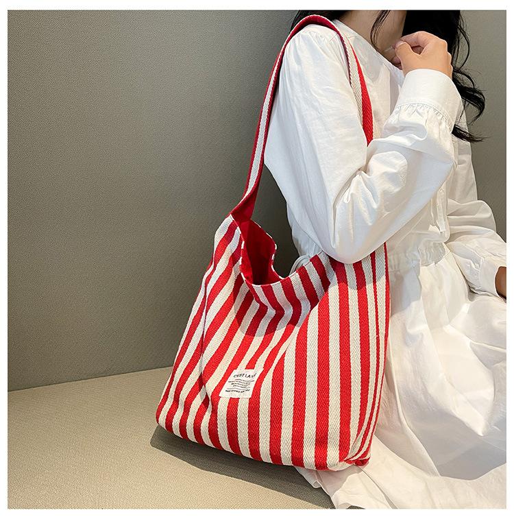 Simple Bag, Commuter Shoulder Bag, Large Capacity, High Value, Positive and Negative Dual-purpose Striped Canvas Bag
