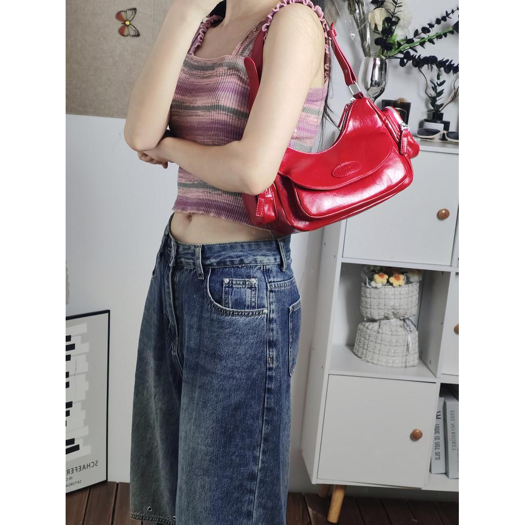 Ielgy Retro Red Multi-Pocket Commuter Bag Ladies High-End Preppy Style Underarm Bag Shoulder Crossbody