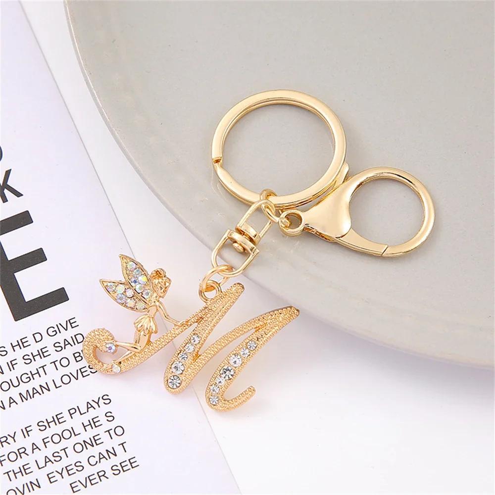 A-Z Rhinestone Elf Girl Letter Keychain Gold Color Initial Name Keyrings Girls Car Key Holder Handbag Purse Charms Decoration