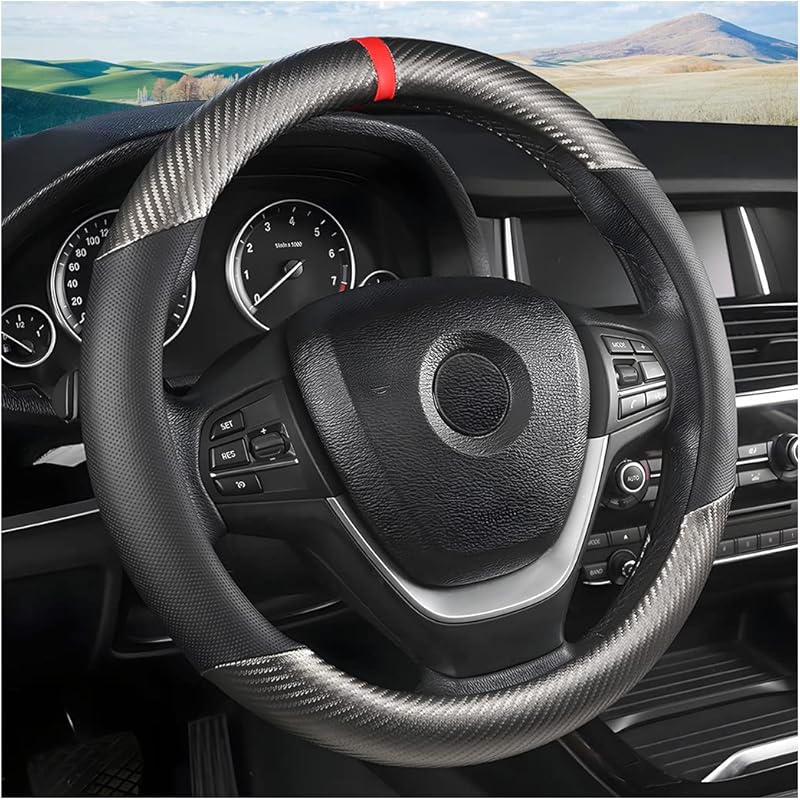 Car Steering Wheel Cover, 15 Inch Anti-Slip Steering Wheel Protector, Carbon Fiber & Microfiber PU Leather Steering Wheel Cover For Women And Men,