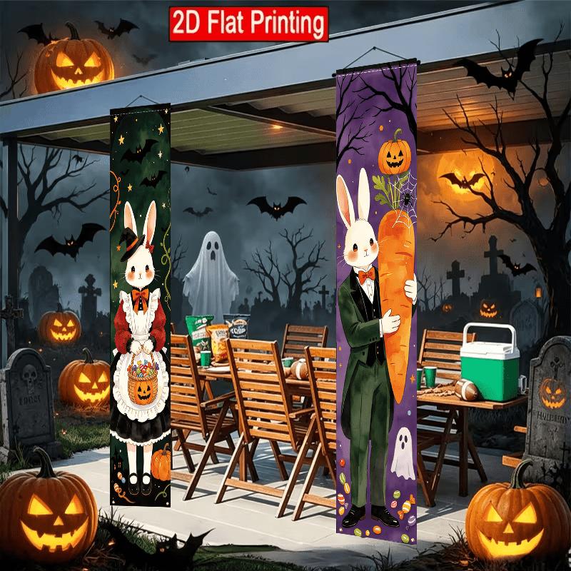 2D Flat, 2D Flat -2pcs of 2D Fairy Tale Style Halloween Theme, 30.48X179.83 cm Polyester Door Couplet, Gentleman Dress Rabbit, Maid Dress Witch Rabbit