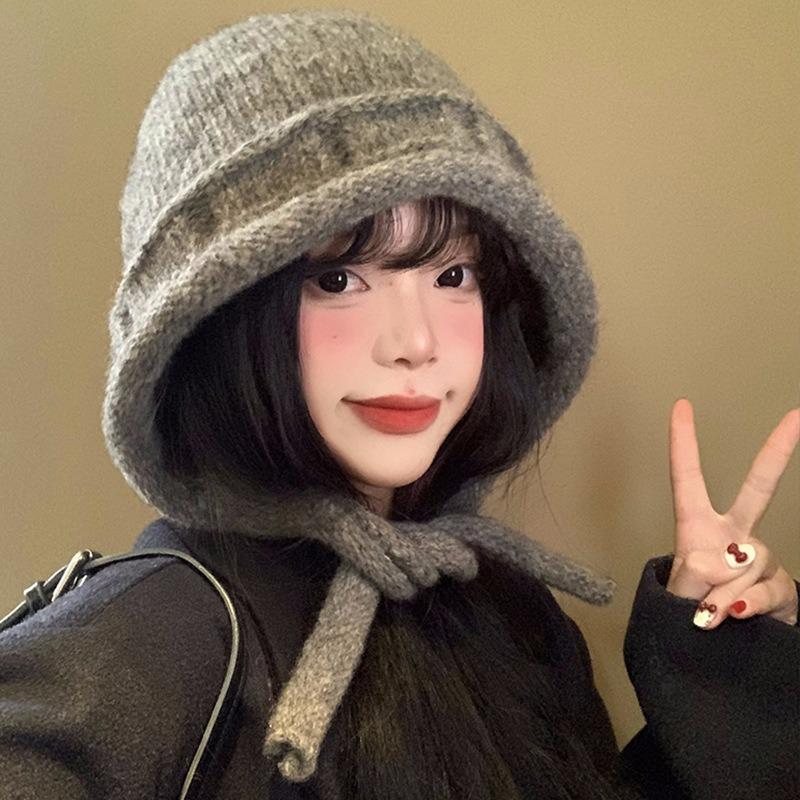 Small face straps knitted hat women's autumn and winter big head circumference solid color wool hat warm ear protection bag head hat