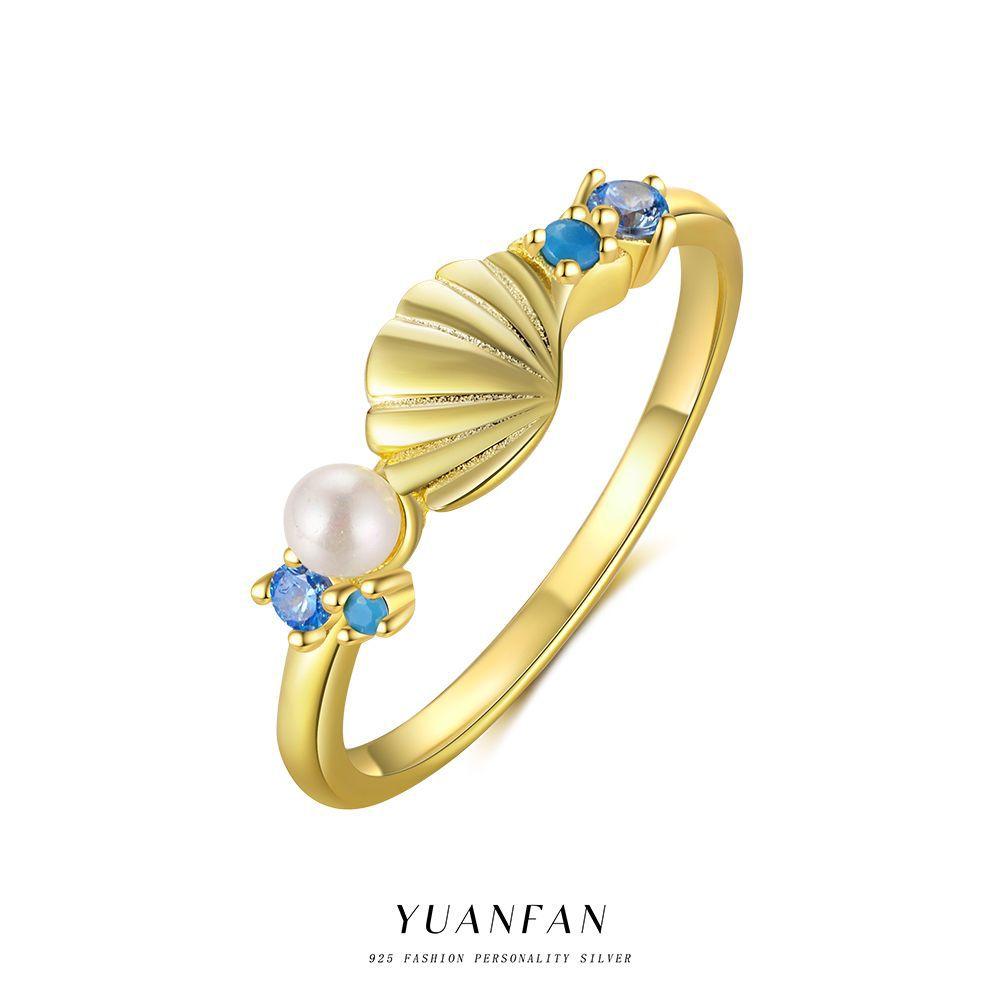 925 Sterling Silver 18k Gold Plated Pearl Shell Ocean Zircon Fine Ring for Girl Women