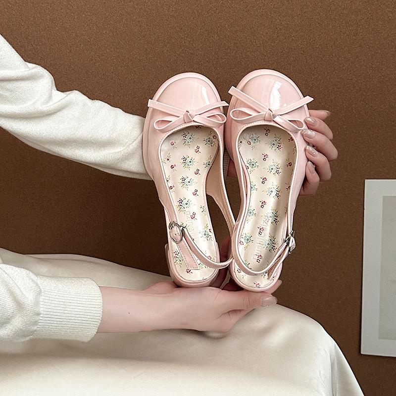 Fairy bow Shipo heel single shoes outer wear 2025 spring and summer new female open-toed square head with skirt high-heeled slippers