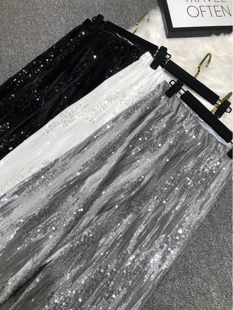 Pantaloni lungi cu paiete brodate, toamnă 2022, piele de căprioară lucioasă, cu picior larg