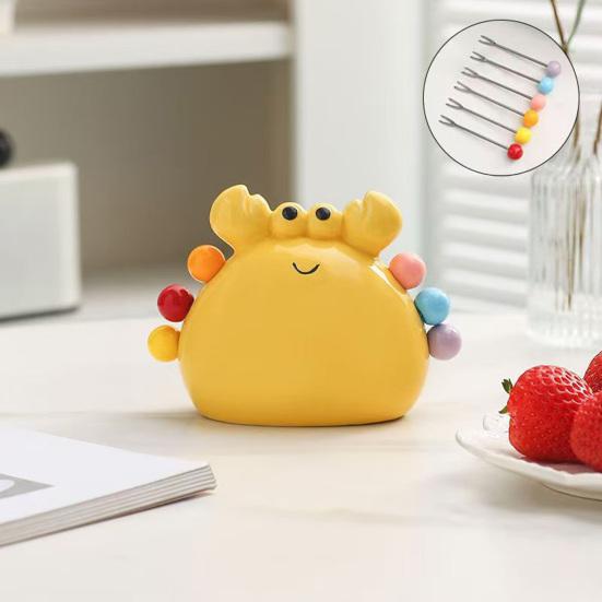 Fruit Fork Set with Ceramic Crab Storage Jar Stainless Steel Dessert Salad Forks Cartoon Mini Food Picks for Home Cafe Restaurant Table Decoration