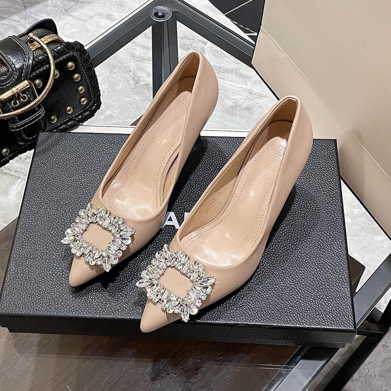 French pointed rhinestone high heels women's summer 2025 new stiletto large size small size black professional single shoes women