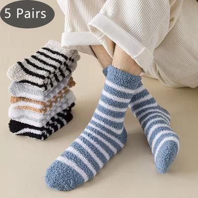 5 Pairs Thick Mens Thermal Socks Winter Warm Striped Coral Fleece Fluffy Solid Color Sleep Male Bed Socks Calcetines  Sell