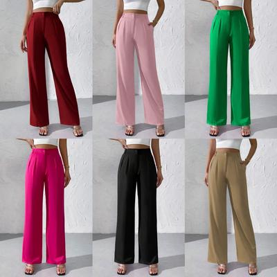 Einfarbige, elegante, hoch drapierte, gerade lange Anzughose für Damen, lässige Mode, hohe Taille, lange Hose mit weitem Bein und Taschen, bequeme Hose für die Arbeit im Büro