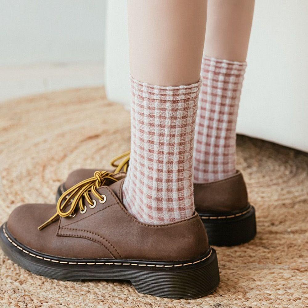 5Pairs Patchwork Checkered Cotton Socks Elastic Grids Socks Cozy Women Tube Sock  Gift