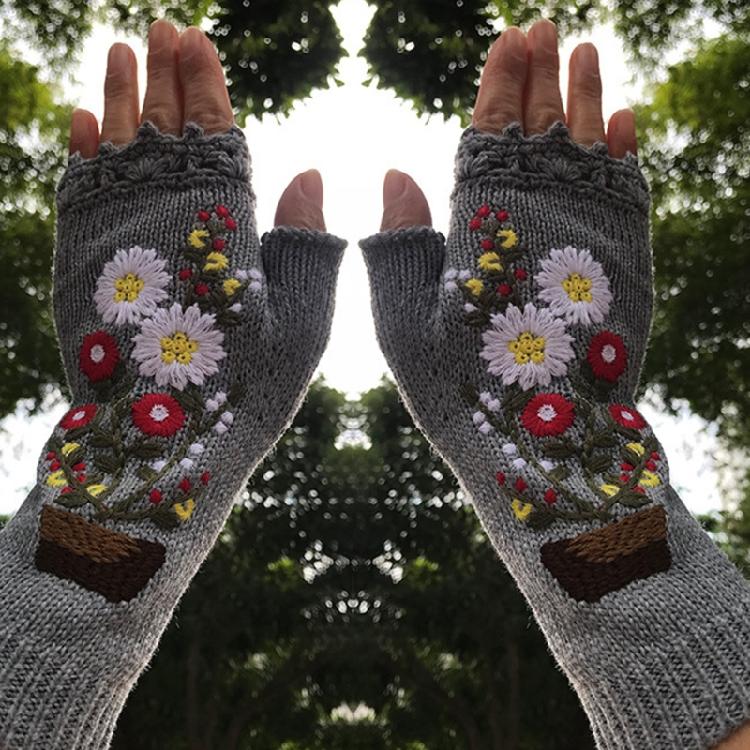 Fingerless Warm Gloves Knitted Mittens Stretchy Cartoon Embroidery Flower Mitten