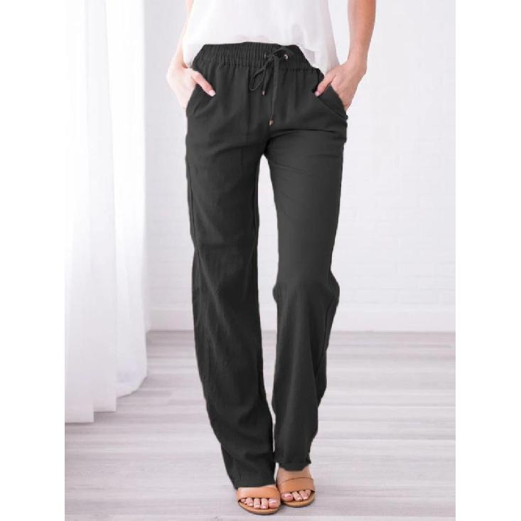 Spring And Summer Women'S Solid Color Cotton And Linen Drawstring Loose Casual Wide Leg Pants