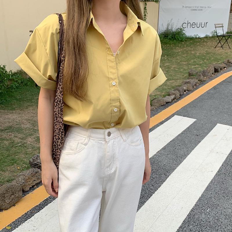 Summer Short Sleeve Solid Casual Shirts Women Fashion New Thin Single Breasted Loose Blouse Women Elegant Slim Fit Simple Office Lady Shirt Tops 26284