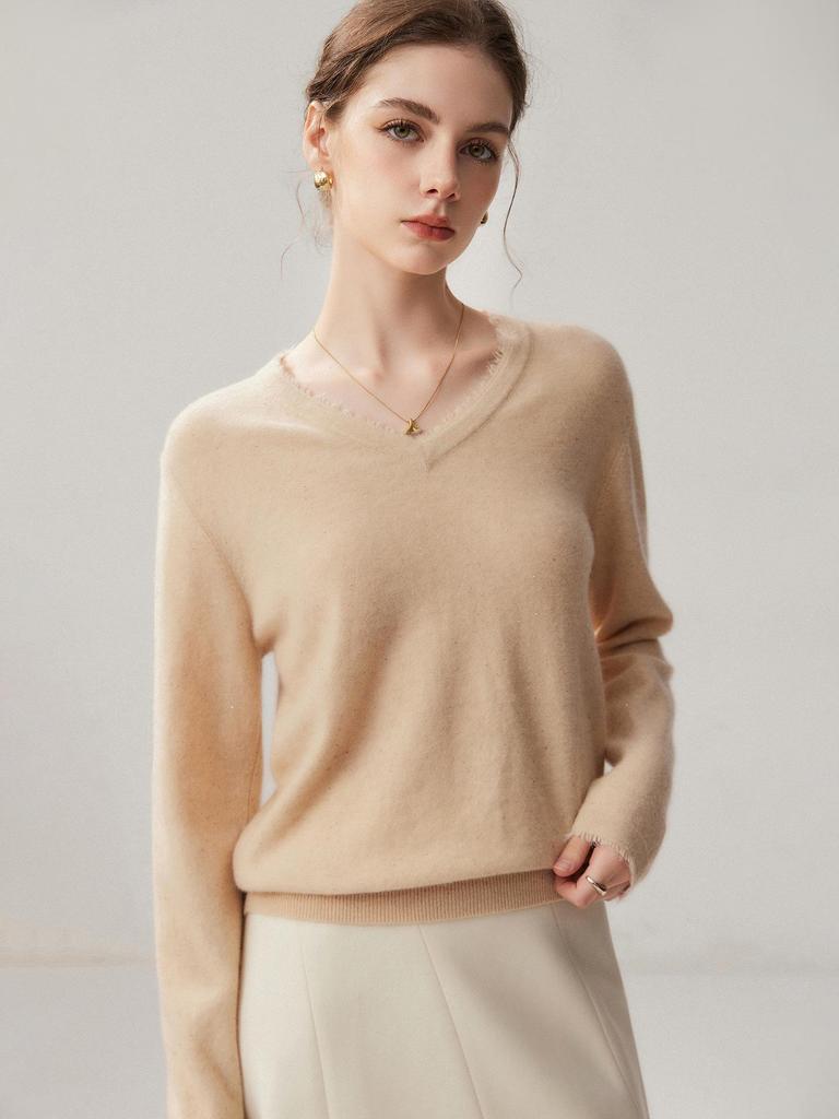 Women's V-Neck Sequin Cashmere Sweater - 2026 Autumn/Winter Collection: Elegant, Loose, Warm, Slimming Base Layer.