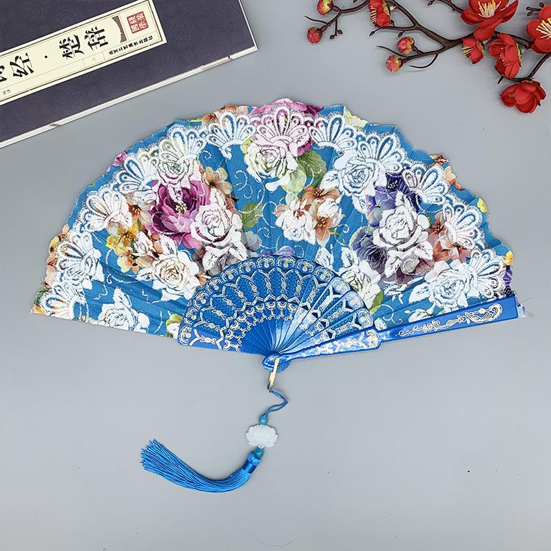 

1 шт. Шелковый веер Декоративные веера Цветочный узор Танцевальная кисточка Винтажный складной веер Ручной веер A небесно-голубой