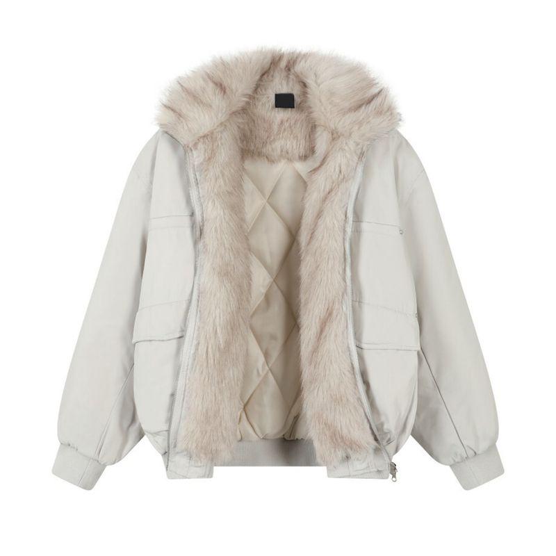 Blaexit American-Style Mountain Carving Fur Collar Parka Short White Cotton Jacket for Men, Winter Thickened Padded Coat for Women