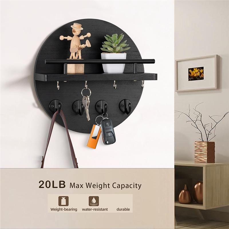 Decorative Wooden Key Hanger With Shelf-Key Holder For Wall Mount-Racks And Organizer Hooks-For Wall And Home Decor Black