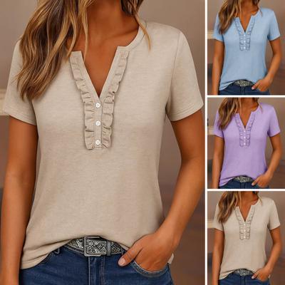 Tops para Mujer Cuello en V Adorno de Volantes Botones Media Tapeta Manga Corta Corte Regular Camiseta Casual Color Sólido Tops de Verano