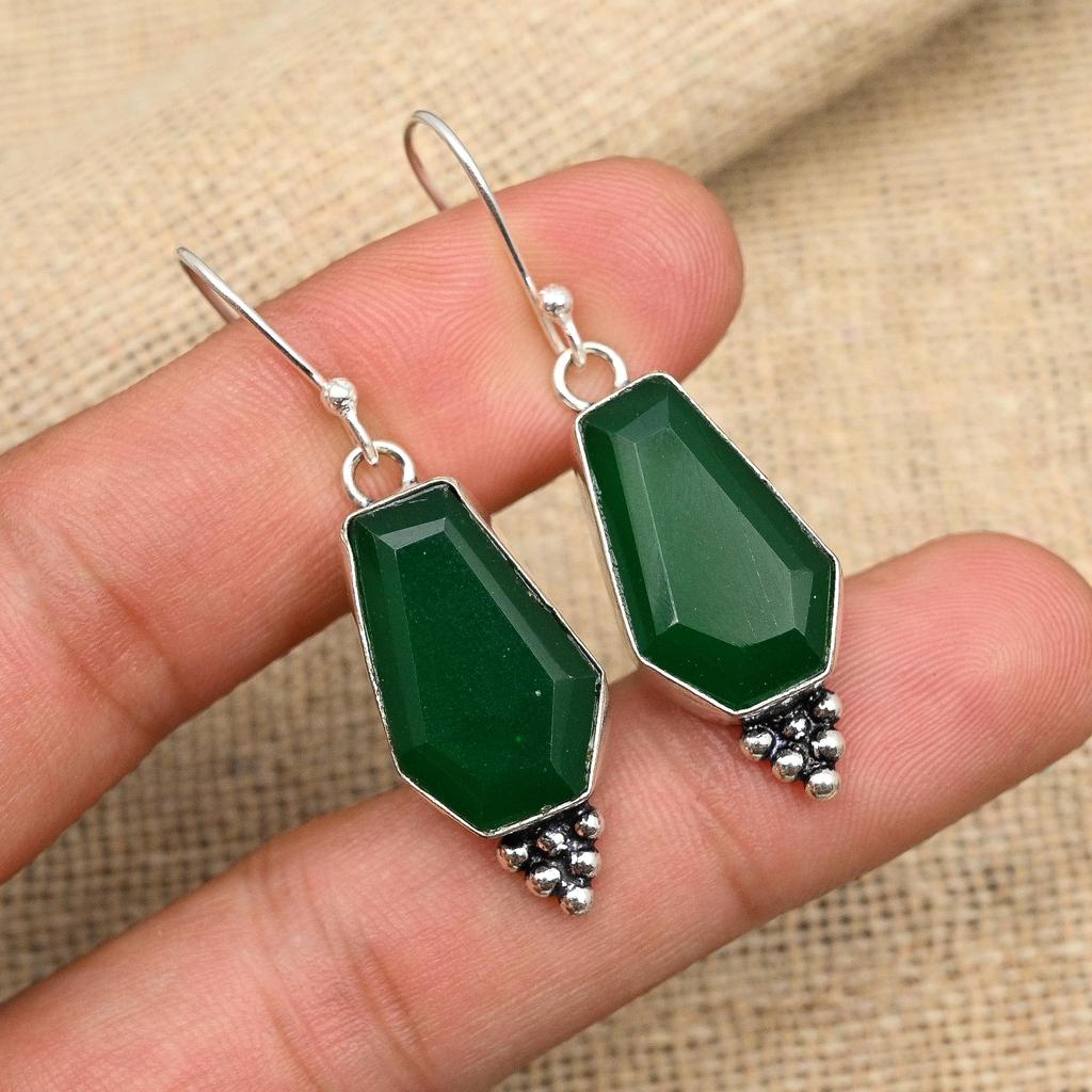 Faceted Green Onyx Gemstone Handmade 925 Sterling Silver Wedding Jewelry Earring