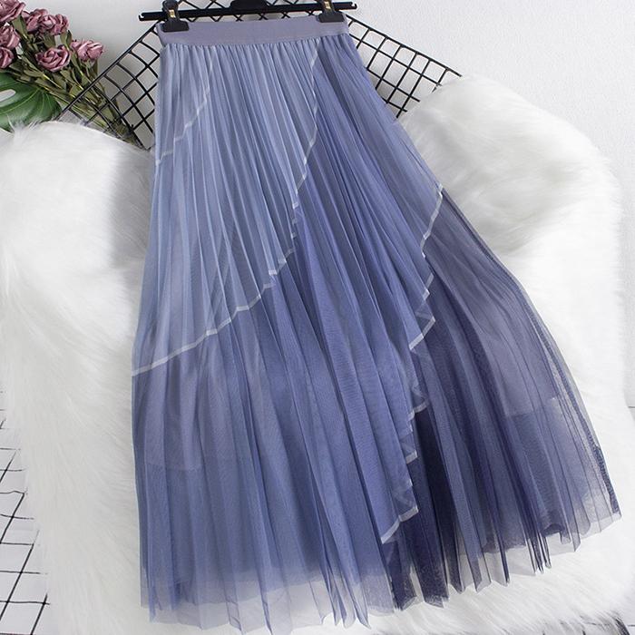 

Women Spring Fall High Waist All Match Color Block Mesh A Line Skirt one size