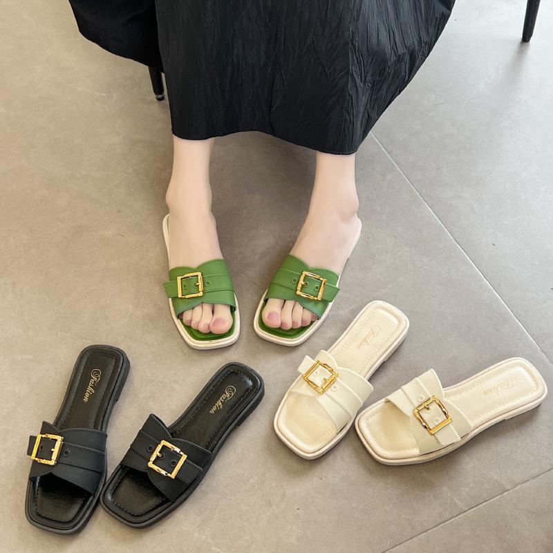 Women's Summer Fairy-Style Square Buckle Slippers - Soft Sole, Versatile Outdoor Beach Sandals