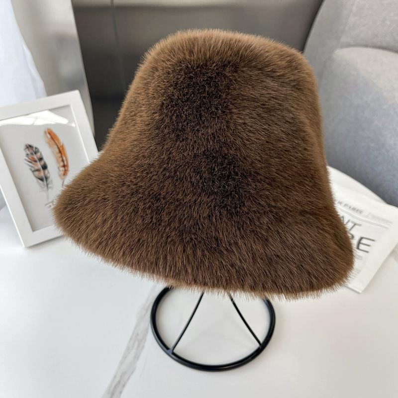 Nuevo Sombrero de Pescador de Felpa para Mujer Invierno Cálido Pelo de Visón Sintético Sombrero de Copa Moda Versátil Sombrero Cubo Muestra Cara Pequeña