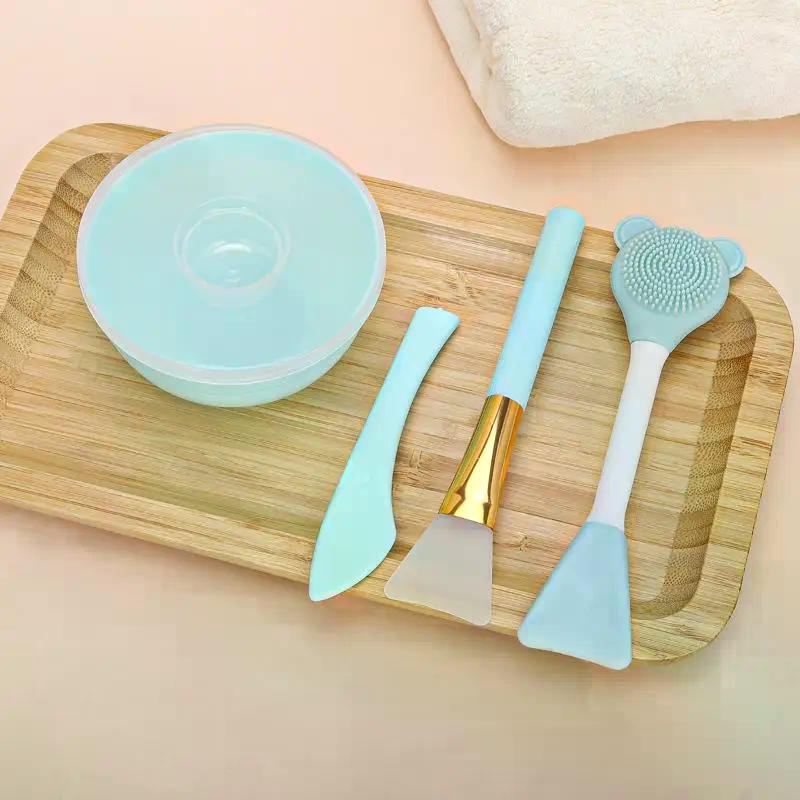 4pcs Face Mask Mixing Bowl Set, DIY Facemask Mixing Tool Kit, Facial Mask Bowl Stick Spatula Silicone Soft Face Brushes