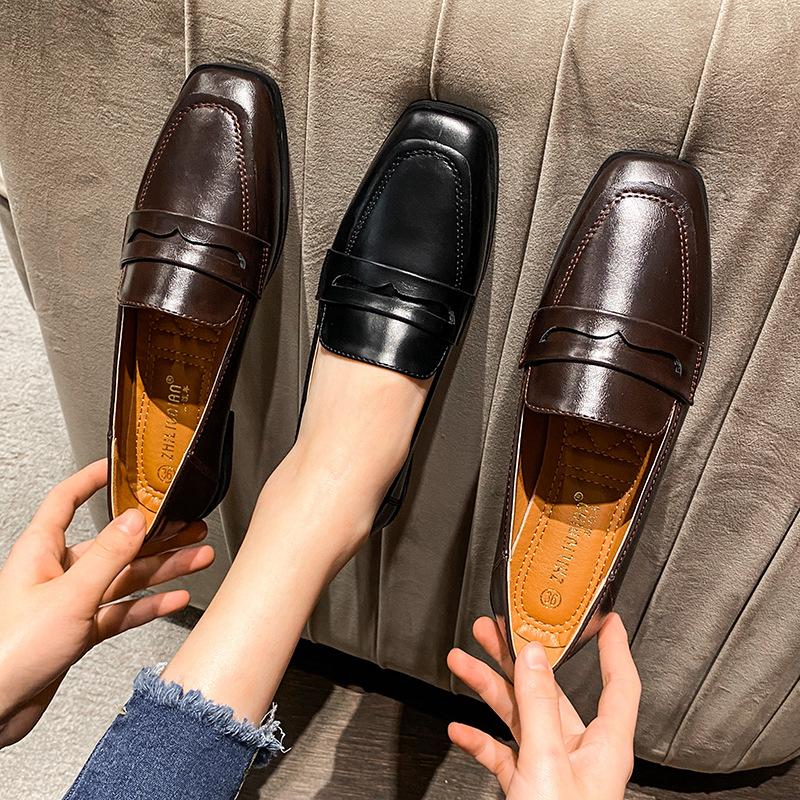 British High Quality leather flats shoes woman slip on loafers 34-43 big size square toe oxford shoes woman comfy working flats