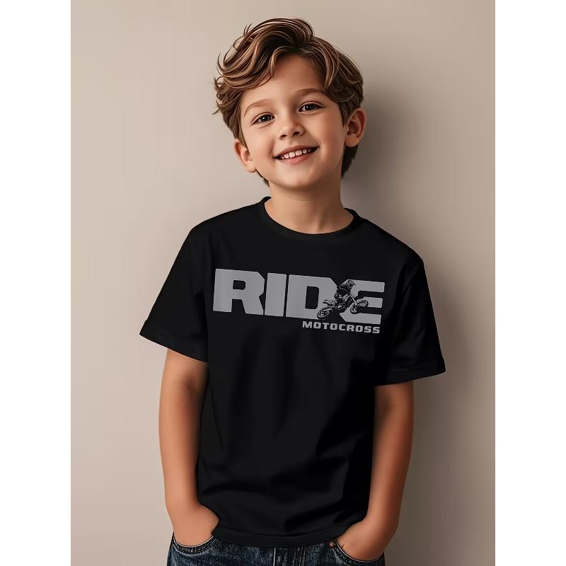 European sizes Boys Motocross-Themed T-Shirt - Featuring RIDE & Dirt Motocross Lettering, Short-Sleeved, Round-Neck Casual Tee 110 чёрный