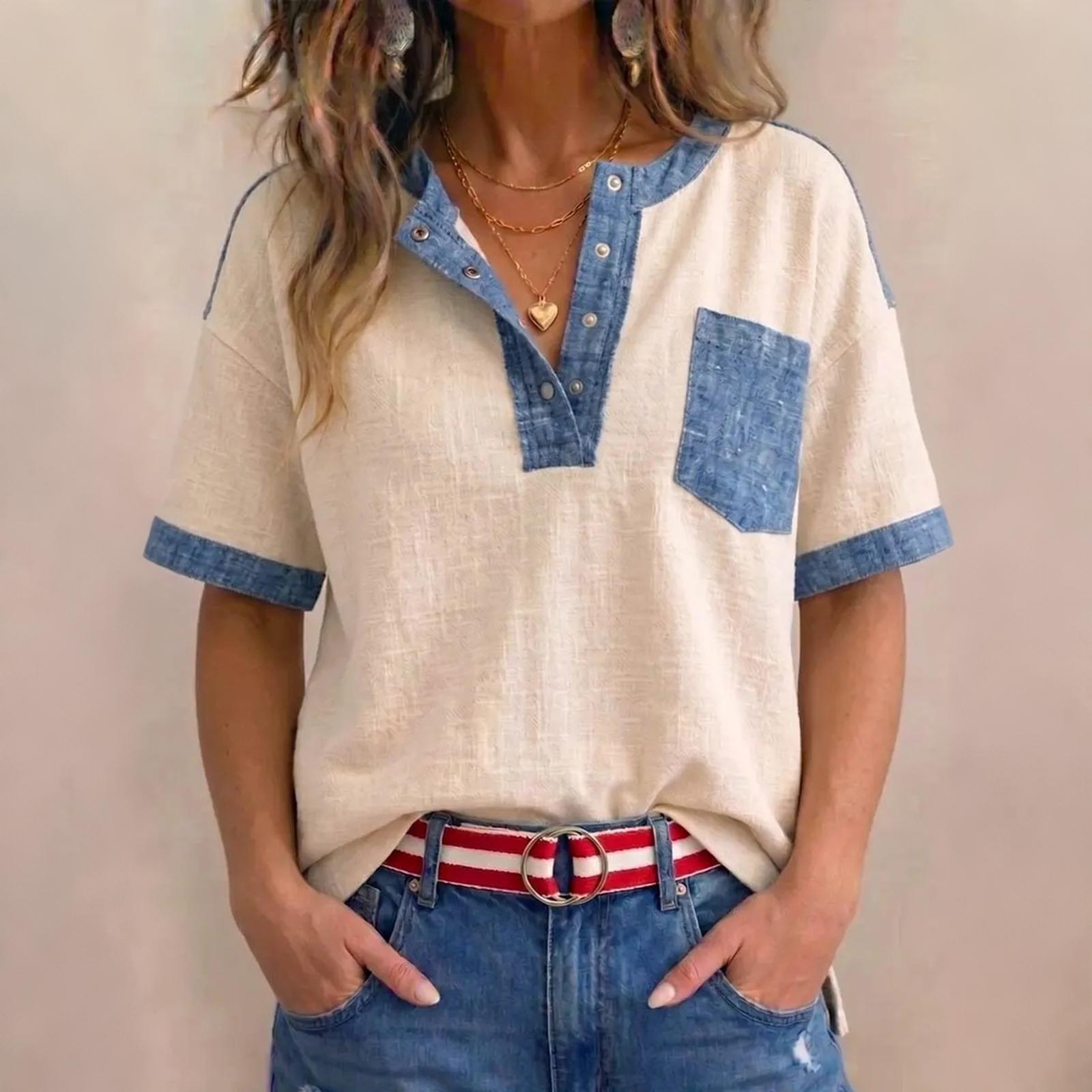 

Women s V Neck Shirt Casual Loose Fit Patchwork T Shirt Top with Short Sleeves and Chest Pocket for Everyday Wear XXL