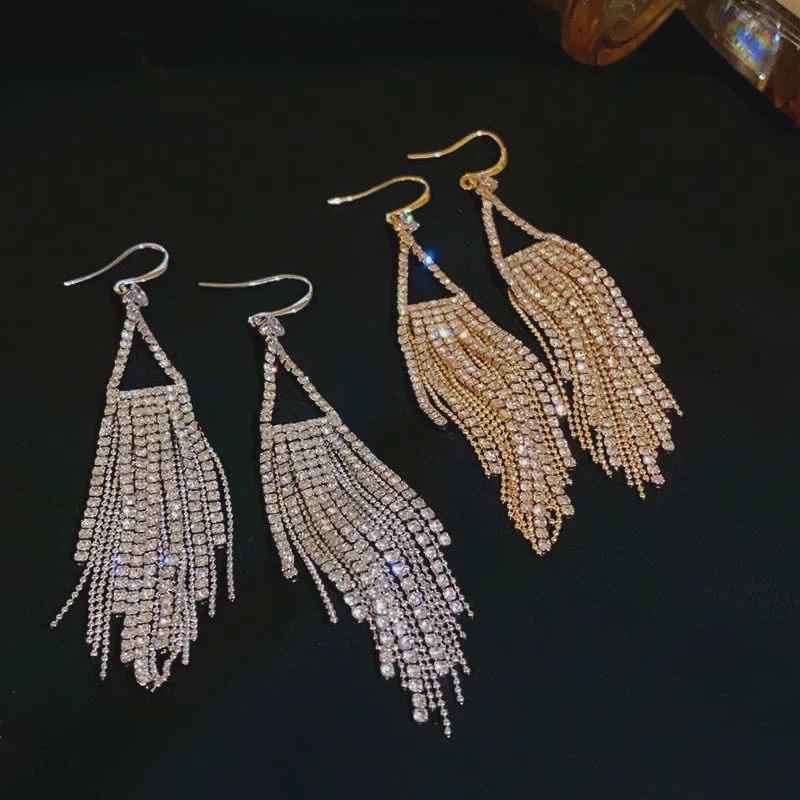 Brincos Elegantes de Borla de Diamantes em Gota de Água para Mulheres - Longos, Finos e Modernos Estilo Europeu e Americano